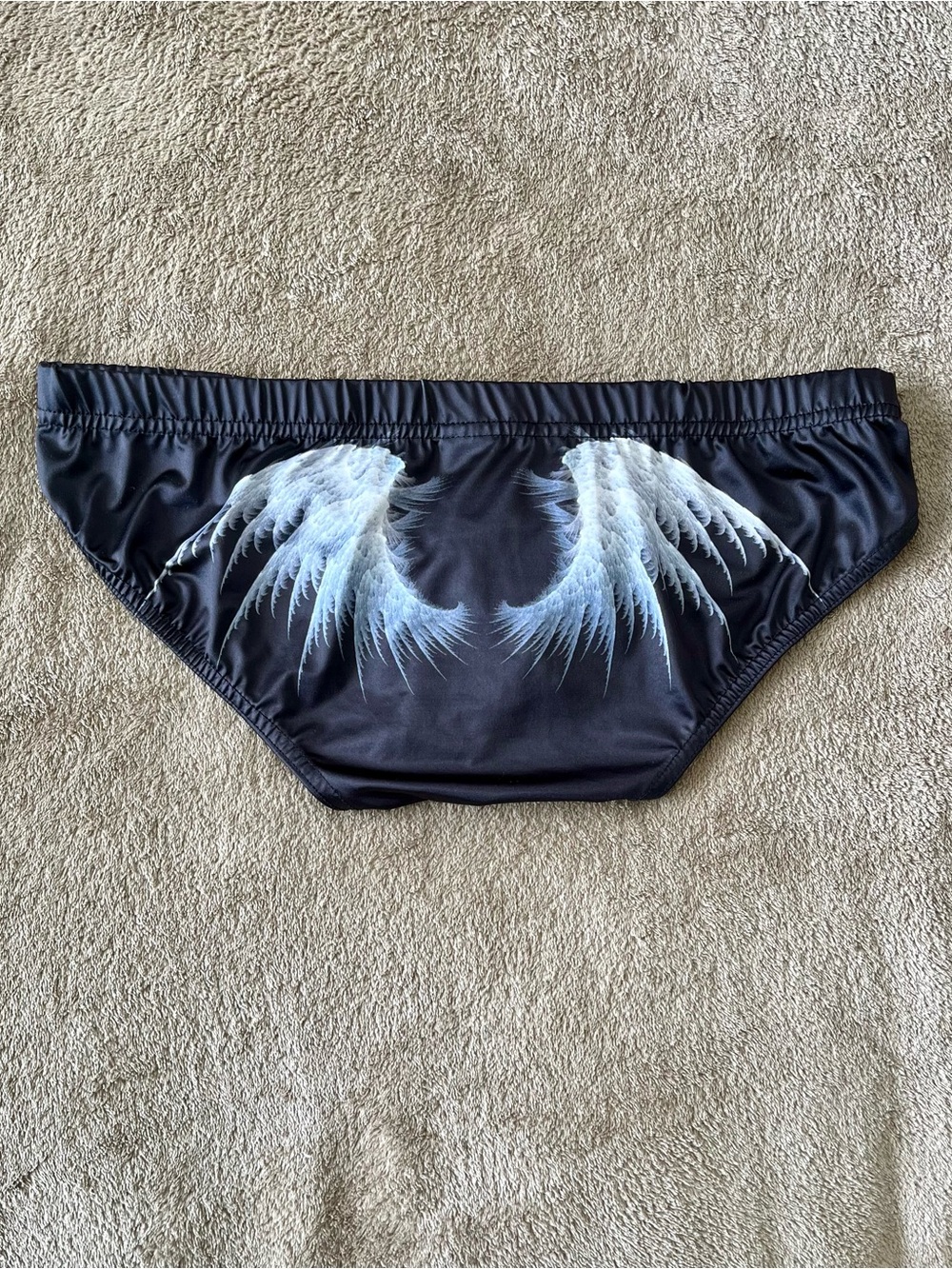 Men's Black Swim Briefs with White Feather Wing Print